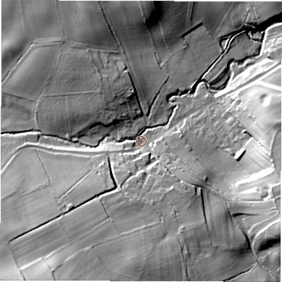 Shaded relief map of the ground around HG33NX, computed from Environment Agency LiDAR. The ground here sits at about 82 m above sea level and falls 31 m across the surrounding 800 m. Surface water reaching this point runs off ground lying to the south-west, 25.3 m higher.