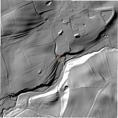 Shaded relief map of the ground around HG33PQ, computed from Environment Agency LiDAR. The ground here sits at about 76 m above sea level and falls 38 m across the surrounding 800 m. Surface water reaching this point runs off ground lying to the north-west, 35.7 m higher.