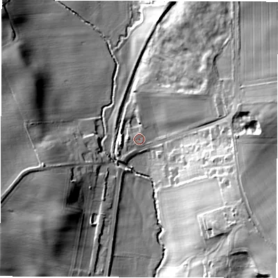 Shaded relief map of the ground around HG33PR, computed from Environment Agency LiDAR. The ground here sits at about 65 m above sea level and falls 29 m across the surrounding 800 m. Surface water reaching this point runs off ground lying to the east, 21.2 m higher.