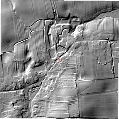 Shaded relief map of the ground around HG33QN, computed from Environment Agency LiDAR. The ground here sits at about 28 m above sea level and falls 18 m across the surrounding 800 m. Surface water reaching this point runs off ground lying to the south-south-east, 3.1 m higher.