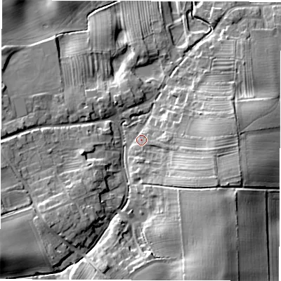 Shaded relief map of the ground around HG33QP, computed from Environment Agency LiDAR. The ground here sits at about 29 m above sea level and falls 15 m across the surrounding 800 m. Surface water reaching this point runs off ground lying to the east-south-east, 8.9 m higher.