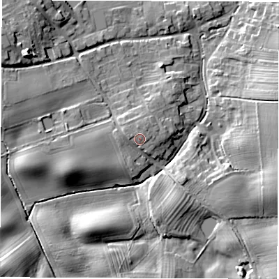 Shaded relief map of the ground around HG33QQ, computed from Environment Agency LiDAR. The ground here sits at about 36 m above sea level and falls 16 m across the surrounding 800 m. Surface water reaching this point runs off ground lying to the west, 2.0 m higher.