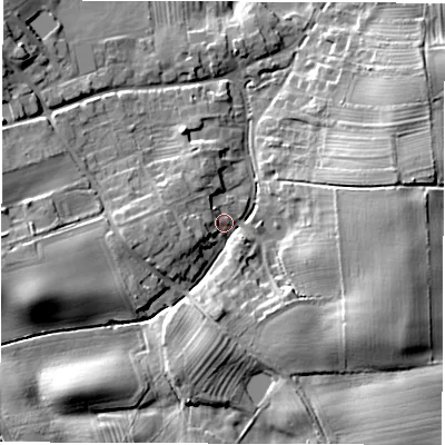 Shaded relief map of the ground around HG33QU, computed from Environment Agency LiDAR. The ground here sits at about 31 m above sea level and falls 16 m across the surrounding 800 m. Surface water reaching this point runs off ground lying to the west-south-west, 12.3 m higher.