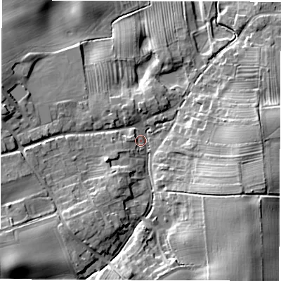 Shaded relief map of the ground around HG33QW, computed from Environment Agency LiDAR. The ground here sits at about 29 m above sea level and falls 17 m across the surrounding 800 m. Surface water reaching this point runs off ground lying to the south-west, 13.9 m higher.