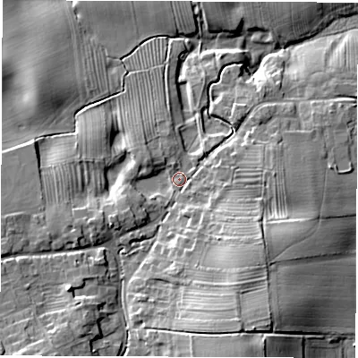 Shaded relief map of the ground around HG33RD, computed from Environment Agency LiDAR. The ground here sits at about 27 m above sea level and falls 18 m across the surrounding 800 m. Surface water reaching this point runs off ground lying to the south-south-east, 12.6 m higher.
