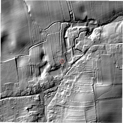 Shaded relief map of the ground around HG33RE, computed from Environment Agency LiDAR. The ground here sits at about 28 m above sea level and falls 18 m across the surrounding 800 m. Surface water reaching this point runs off ground lying to the west-south-west, 1.3 m higher.