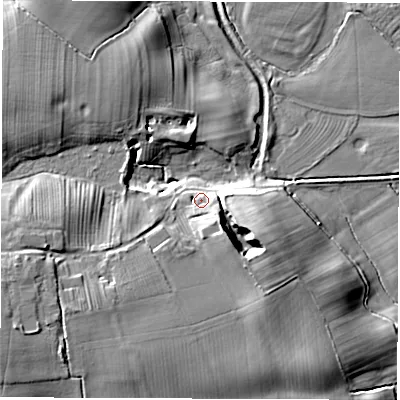 Shaded relief map of the ground around HG33RQ, computed from Environment Agency LiDAR. The ground here sits at about 21 m above sea level and falls 17 m across the surrounding 800 m. Surface water reaching this point runs off ground lying to the south-east, 6.8 m higher.