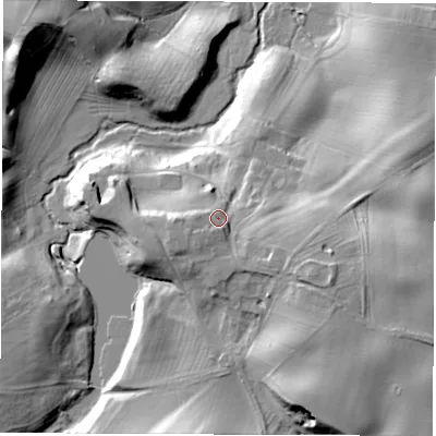 Shaded relief map of the ground around HG33SZ, computed from Environment Agency LiDAR. The ground here sits at about 43 m above sea level and falls 28 m across the surrounding 800 m. Surface water reaching this point runs off ground lying to the south-west, 4.4 m higher.