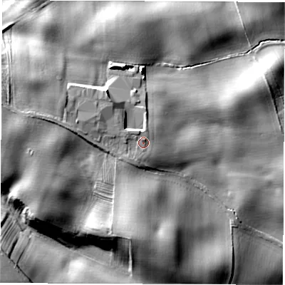 Shaded relief map of the ground around HG33TA, computed from Environment Agency LiDAR. The ground here sits at about 45 m above sea level and falls 19 m across the surrounding 800 m. Surface water reaching this point runs off ground lying to the west-north-west, 2.8 m higher.