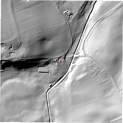 Shaded relief map of the ground around HG33TD, computed from Environment Agency LiDAR. The ground here sits at about 35 m above sea level and falls 35 m across the surrounding 800 m. Surface water reaching this point runs off ground lying to the west-north-west, 5.9 m higher.