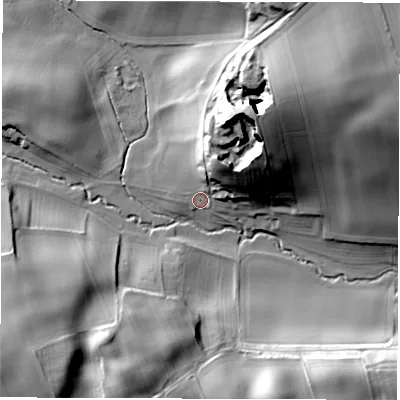 Shaded relief map of the ground around HG33TE, computed from Environment Agency LiDAR. The ground here sits at about 50 m above sea level and falls 36 m across the surrounding 800 m. Surface water reaching this point runs off ground lying to the north-north-east, 19.7 m higher.