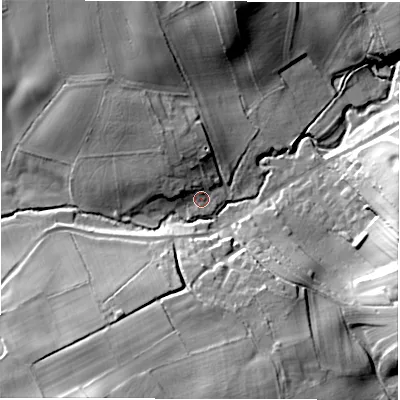 Shaded relief map of the ground around HG33TU, computed from Environment Agency LiDAR. The ground here sits at about 83 m above sea level and falls 27 m across the surrounding 800 m. Surface water reaching this point runs off ground lying to the north-north-west, 9.0 m higher.