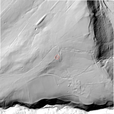 Shaded relief map of the ground around HG34BB, computed from Environment Agency LiDAR. The ground here sits at about 254 m above sea level and falls 97 m across the surrounding 800 m. Surface water reaching this point runs off ground lying to the west-south-west, 12.0 m higher.