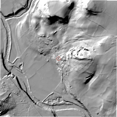 Shaded relief map of the ground around HG34BU, computed from Environment Agency LiDAR. The ground here sits at about 112 m above sea level and falls 91 m across the surrounding 800 m. Surface water reaching this point runs off ground lying to the east, 24.5 m higher.
