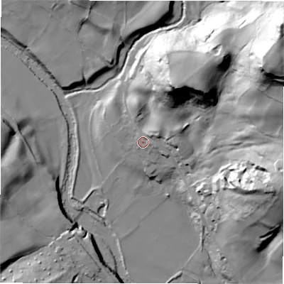 Shaded relief map of the ground around HG34DD, computed from Environment Agency LiDAR. The ground here sits at about 112 m above sea level and falls 90 m across the surrounding 800 m. Surface water reaching this point runs off ground lying to the east, 2.9 m higher.