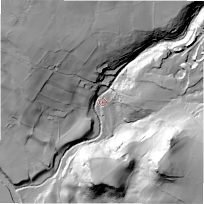 Shaded relief map of the ground around HG34DH, computed from Environment Agency LiDAR. The ground here sits at about 120 m above sea level and falls 87 m across the surrounding 800 m. Surface water reaching this point runs off ground lying to the north-east, 48.5 m higher.