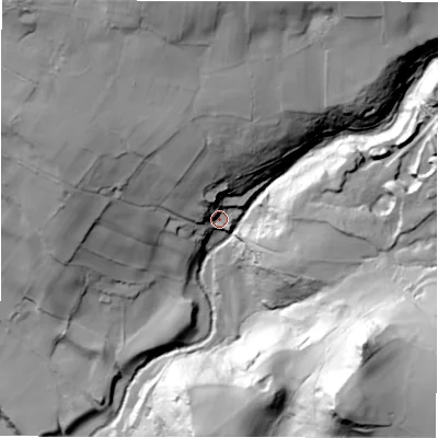Shaded relief map of the ground around HG34DJ, computed from Environment Agency LiDAR. The ground here sits at about 125 m above sea level and falls 87 m across the surrounding 800 m. Surface water reaching this point runs off ground lying to the north, 50.6 m higher.