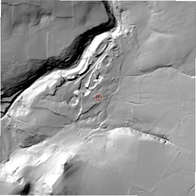 Shaded relief map of the ground around HG34DL, computed from Environment Agency LiDAR. The ground here sits at about 154 m above sea level and falls 78 m across the surrounding 800 m. Surface water reaching this point runs off ground lying to the north-north-east, 9.3 m higher.