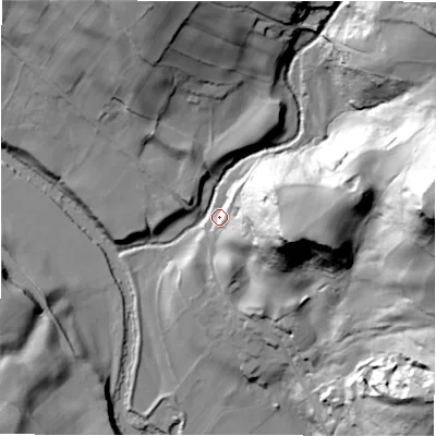 Shaded relief map of the ground around HG34DQ, computed from Environment Agency LiDAR. The ground here sits at about 109 m above sea level and falls 87 m across the surrounding 800 m. Surface water reaching this point runs off ground lying to the east, 81.3 m higher.