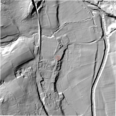 Shaded relief map of the ground around HG34DY, computed from Environment Agency LiDAR. The ground here sits at about 96 m above sea level and falls 55 m across the surrounding 800 m. Surface water reaching this point runs off ground lying to the west-south-west, 31.5 m higher.