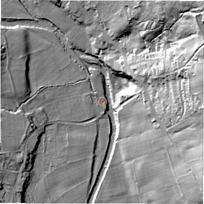 Shaded relief map of the ground around HG34EA, computed from Environment Agency LiDAR. The ground here sits at about 91 m above sea level and falls 67 m across the surrounding 800 m. Surface water reaching this point runs off ground lying to the north-north-west, 4.6 m higher.
