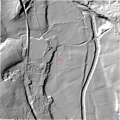 Shaded relief map of the ground around HG34EB, computed from Environment Agency LiDAR. The ground here sits at about 90 m above sea level and falls 45 m across the surrounding 800 m. Surface water reaching this point runs off ground lying to the west-north-west, 11.1 m higher.