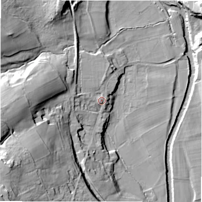 Shaded relief map of the ground around HG34ED, computed from Environment Agency LiDAR. The ground here sits at about 97 m above sea level and falls 59 m across the surrounding 800 m. Surface water reaching this point runs off ground lying to the west, 34.6 m higher.