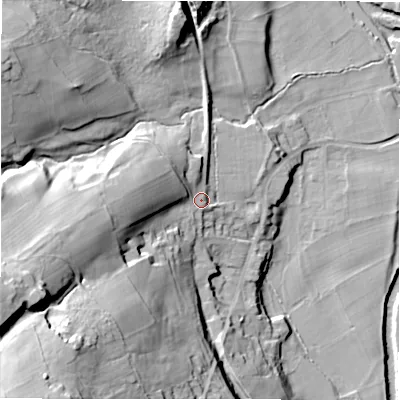 Shaded relief map of the ground around HG34EE, computed from Environment Agency LiDAR. The ground here sits at about 102 m above sea level and falls 60 m across the surrounding 800 m. Surface water reaching this point runs off ground lying to the west-south-west, 27.1 m higher.
