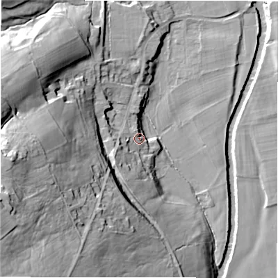 Shaded relief map of the ground around HG34EN, computed from Environment Agency LiDAR. The ground here sits at about 96 m above sea level and falls 67 m across the surrounding 800 m. Surface water reaching this point runs off ground lying to the south-west, 10.4 m higher.