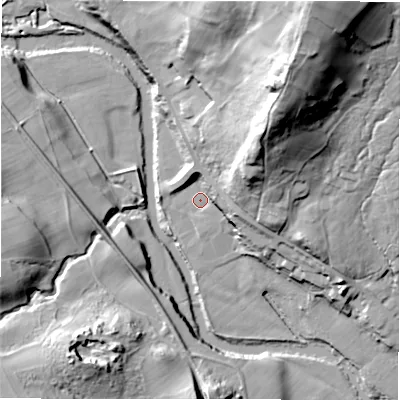 Shaded relief map of the ground around HG34LA, computed from Environment Agency LiDAR. The ground here sits at about 96 m above sea level and falls 71 m across the surrounding 800 m. Surface water reaching this point runs off ground lying to the east-north-east, 23.5 m higher.
