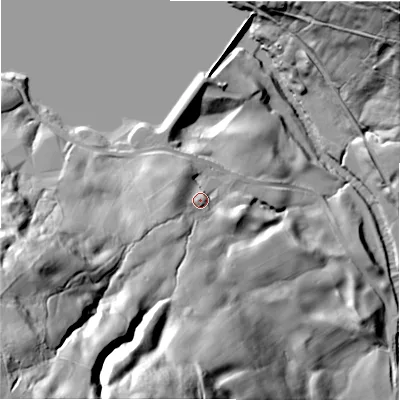 Shaded relief map of the ground around HG35AB, computed from Environment Agency LiDAR. The ground here sits at about 142 m above sea level and falls 108 m across the surrounding 800 m. Surface water reaching this point runs off ground lying to the south-west, 89.9 m higher.