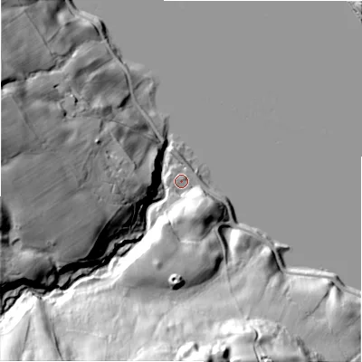 Shaded relief map of the ground around HG35AD, computed from Environment Agency LiDAR. The ground here sits at about 140 m above sea level and falls 63 m across the surrounding 800 m. Surface water reaching this point runs off ground lying to the south-south-east, 14.4 m higher.