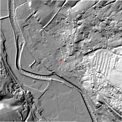 Shaded relief map of the ground around HG35AF, computed from Environment Agency LiDAR. The ground here sits at about 117 m above sea level and falls 83 m across the surrounding 800 m. Surface water reaching this point runs off ground lying to the north-east, 78.3 m higher.