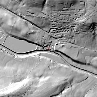 Shaded relief map of the ground around HG35AG, computed from Environment Agency LiDAR. The ground here sits at about 113 m above sea level and falls 65 m across the surrounding 800 m. Surface water reaching this point runs off ground lying to the north, 63.1 m higher.