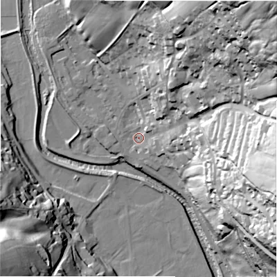 Shaded relief map of the ground around HG35AP, computed from Environment Agency LiDAR. The ground here sits at about 117 m above sea level and falls 80 m across the surrounding 800 m. Surface water reaching this point runs off ground lying to the north-east, 75.1 m higher.