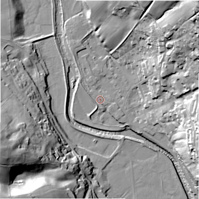 Shaded relief map of the ground around HG35AQ, computed from Environment Agency LiDAR. The ground here sits at about 118 m above sea level and falls 64 m across the surrounding 800 m. Surface water reaching this point runs off ground lying to the east-south-east, 2.1 m higher.