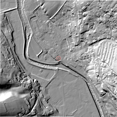 Shaded relief map of the ground around HG35AR, computed from Environment Agency LiDAR. The ground here sits at about 117 m above sea level and falls 69 m across the surrounding 800 m. Surface water reaching this point runs off ground lying to the north-north-west, 2.0 m higher.