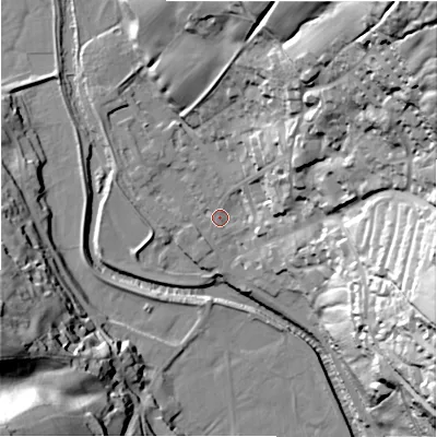 Shaded relief map of the ground around HG35AT, computed from Environment Agency LiDAR. The ground here sits at about 117 m above sea level and falls 79 m across the surrounding 800 m. Surface water reaching this point runs off ground lying to the north-east, 75.4 m higher.