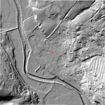 Shaded relief map of the ground around HG35AU, computed from Environment Agency LiDAR. The ground here sits at about 117 m above sea level and falls 83 m across the surrounding 800 m. Surface water reaching this point runs off ground lying to the north-east, 78.3 m higher.