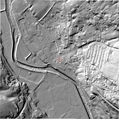 Shaded relief map of the ground around HG35AW, computed from Environment Agency LiDAR. The ground here sits at about 118 m above sea level and falls 79 m across the surrounding 800 m. Surface water reaching this point runs off ground lying to the north-east, 74.6 m higher.