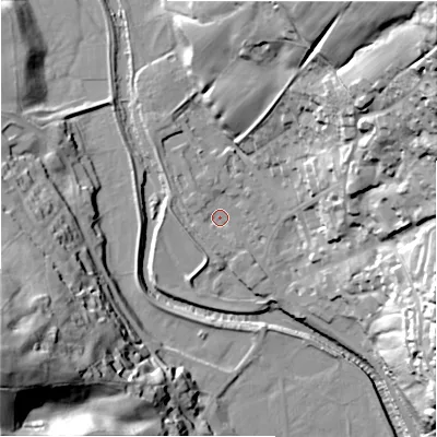 Shaded relief map of the ground around HG35AX, computed from Environment Agency LiDAR. The ground here sits at about 117 m above sea level and falls 68 m across the surrounding 800 m. Surface water reaching this point runs off ground lying to the west-north-west, 1.9 m higher.