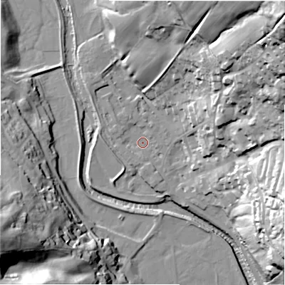 Shaded relief map of the ground around HG35AY, computed from Environment Agency LiDAR. The ground here sits at about 116 m above sea level and falls 74 m across the surrounding 800 m. Surface water reaching this point runs off ground lying to the north-east, 70.1 m higher.