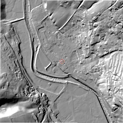 Shaded relief map of the ground around HG35AZ, computed from Environment Agency LiDAR. The ground here sits at about 118 m above sea level and falls 71 m across the surrounding 800 m. Surface water reaching this point runs off ground lying to the south-west, 1.9 m higher.