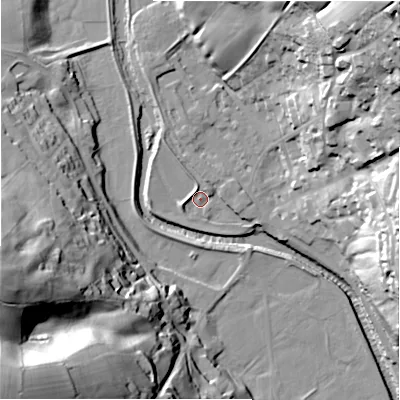 Shaded relief map of the ground around HG35BA, computed from Environment Agency LiDAR. The ground here sits at about 116 m above sea level and falls 64 m across the surrounding 800 m. Surface water reaching this point runs off ground lying to the north-north-west, 4.2 m higher.