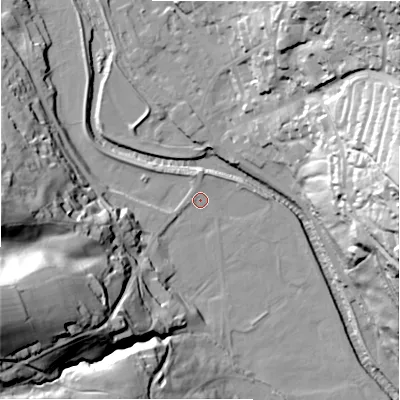 Shaded relief map of the ground around HG35BD, computed from Environment Agency LiDAR. The ground here sits at about 115 m above sea level and falls 56 m across the surrounding 800 m. Surface water reaching this point runs off ground lying to the north, 1.1 m higher.