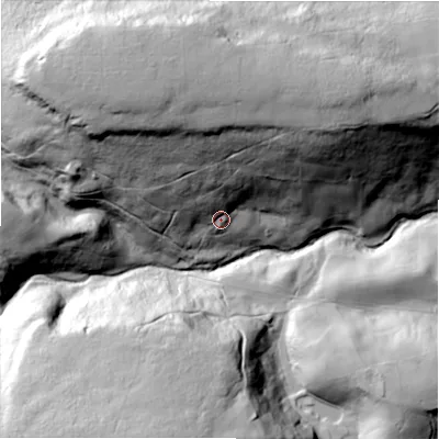 Shaded relief map of the ground around HG35BW, computed from Environment Agency LiDAR. The ground here sits at about 258 m above sea level and falls 95 m across the surrounding 800 m. Surface water reaching this point runs off ground lying to the north-north-west, 56.9 m higher.