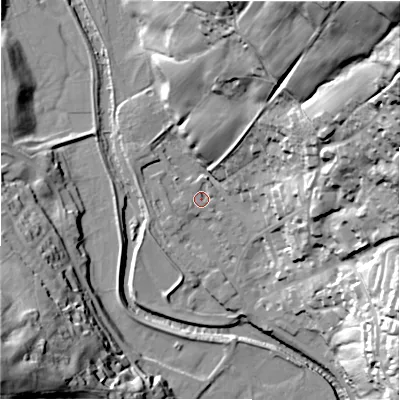 Shaded relief map of the ground around HG35DA, computed from Environment Agency LiDAR. The ground here sits at about 118 m above sea level and falls 83 m across the surrounding 800 m. Surface water reaching this point runs off ground lying to the north-north-east, 1.7 m higher.