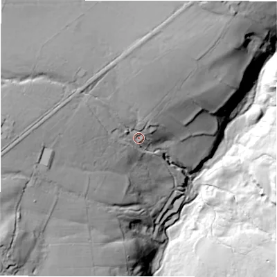 Shaded relief map of the ground around HG35EN, computed from Environment Agency LiDAR. The ground here sits at about 201 m above sea level and falls 74 m across the surrounding 800 m. Surface water reaching this point runs off ground lying to the north-west, 40.1 m higher.