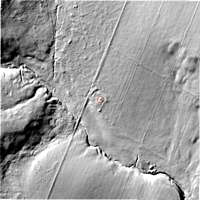 Shaded relief map of the ground around HG35EP, computed from Environment Agency LiDAR. The ground here sits at about 248 m above sea level and falls 56 m across the surrounding 800 m. Surface water reaching this point runs off ground lying to the north, 11.7 m higher.
