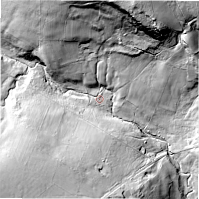 Shaded relief map of the ground around HG35ES, computed from Environment Agency LiDAR. The ground here sits at about 200 m above sea level and falls 71 m across the surrounding 800 m. Surface water reaching this point runs off ground lying to the north-north-west, 41.9 m higher.